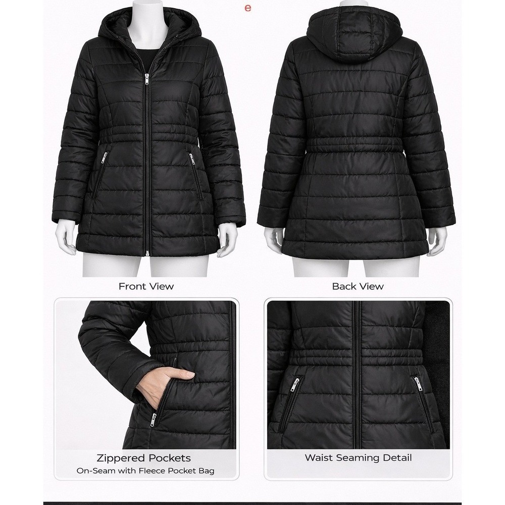 Susan Graver Black Quilted Hooded Puffer Jacket Water Resistant Waist‎ Seaming L